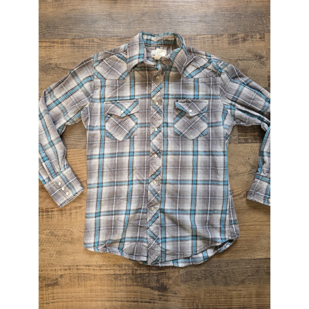 Wrangler Rancher Men's Medium Western Pearl Snap Shirt Gray Blue Plaid Cowboy